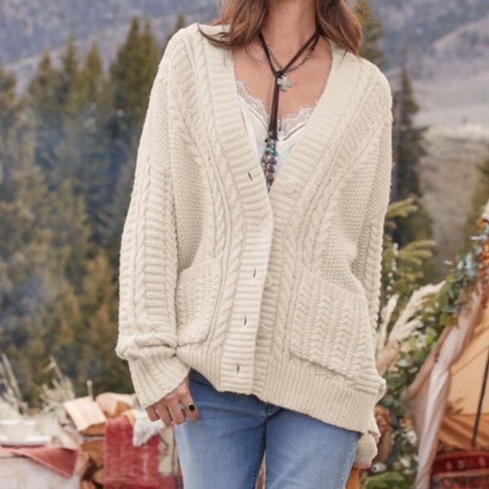SUNDANCE Thick Cable Knit Karly Cardigan Wool Blend Ivory Size Large